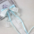 Detail of light blue and white organza ribbon bow with pearls and rhinestones decoration - Aqua