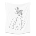 Minimalist white tapestry with black floral line art of a woman's profile for decor - SM005 Floral Side Face
