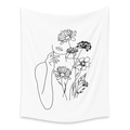 Minimalist female figure line art tapestry with flowers on white fabric background - SM008 Flower Portrait