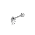 Detailed macro shot of a stainless steel tongue ring with a fishbone shape and crystals - Fishbone