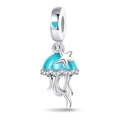 Macro view of silver jellyfish charm with teal enamel and sparkling zircon detail - Luminous Jellyfish