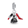 Detail of silver charms featuring a black dress, red high heel, and lipstick - Lipstick Dress & Heels 3-Piece Set