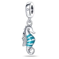 Detailed view of silver seahorse charm with blue enamel stripes and crystal accents - Seahorse Pendant Charm