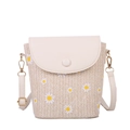 Schicke beige Strohbeuteltasche mit weißen Gänseblümchen und verstellbarem PU-Lederriemen - Weiß