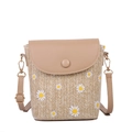 Beige straw crossbody bag featuring daisy embroidery and khaki leather shoulder strap - Khaki
