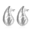 Silver teardrop earrings with grid texture made of stainless steel shown on white background - Grid Hollow Waterdrop (MS-355) / Steel