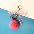 Pink plush ball keychain with organza bow and red tassel on gold lobster clasp - Rose Red