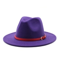 Classic purple wide brim fedora hat featuring a stylish red leather band and gold buckle - Purple