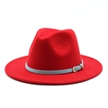 Classic red wool felt fedora hat featuring a stylish light blue leather band and wide brim - Red