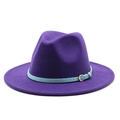 Purple wool felt fedora with a light blue decorative leather band and golden buckle finish - Purple