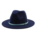 Classic dark blue wool fedora hat with light blue leather strap and gold buckle - Navy Blue