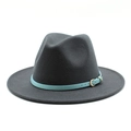 Classic dark grey wool jazz fedora hat with a stylish light blue buckled belt accent - Dark Gray