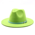 Lime green wool fedora with sky blue leather band and golden metal buckle accessory - Fluorescent Green