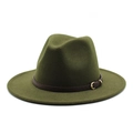 Cappello fedora in lana verde oliva con fascia in pelle marrone e fibbia oro - L (59-61cm) / Verde Militare