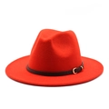 Classic red wool fedora hat with a black leather band and golden D-buckle detail - L (59-61cm) / Orange Red