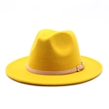 Bright yellow wool fedora hat featuring a stylish beige leather band and gold buckle - Yellow