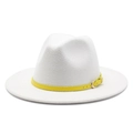 Classic white wool fedora hat with a bright yellow buckled leather strap detail - L (59-61cm) / White