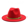 Red wool fedora hat with wide brim featuring green leather belt and gold buckle - Red