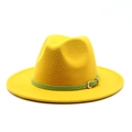 Vibrant yellow wool fedora hat featuring a light green belt and gold buckle detailing - Yellow
