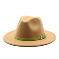 Classic camel wool fedora hat featuring a green leather band and golden buckle detail - Camel