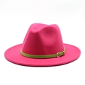 Fuchsia wool fedora hat with a contrasting green leather band and gold buckle detail - Rose Red