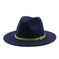 Navy blue wool fedora hat with a contrasting green thin belt and golden metal buckle - Navy Blue
