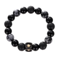 Men's black agate and obsidian bead bracelet with a golden star charm on white background - Octagram Gold Accessory Style (D7014-BG180A)