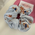 Blue striped scrunchie with brown bear patterns made of soft cotton fabric - Blue Striped Bear