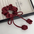 Elegant wine red satin hair scrunchie with long ribbon and tulip floral accents - Burgundy