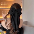 Oversized black satin bow hair clip with long tassels for women elegant hair styling - Black
