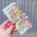 Set of eight assorted pearl and crystal hair clips with star and floral designs - 8pcs Set-Sakura Pink Style