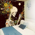 Floral skull tapestry with side-view skeleton and colorful flowers on dark starry background - 150x130cm / Celestial Floral Skull