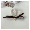 Dual-use pearl bracelet hair tie with gold heart pendant and dark brown silk bow - Brown