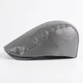 Retro dark grey faux leather newsboy cap featuring detailed stitching and textured finish - 55-59cm (Adjustable) / Gray