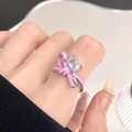 Elegant silver snake-style open ring with pink enamel bow and rectangular zircon gemstone - Pink Bow Zirconia Open Ring (JZ2938)
