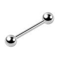 Macro detail of high-polish silver titanium steel barbell tongue ring with dual spheres - 1.2mm Gauge x 14mm Length x 5mm Ball