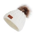 Winter cable knit baby beanie in cream white with a large brown faux fur pompom and patch - Hat / White