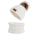 White cable-knit winter hat and scarf set for children with brown faux fur pom-pom - Set / White