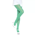 Bas rayés vert et blanc portés avec une mini-jupe blanche et des talons hauts - Taille unique / Collants rayés vert et blanc
