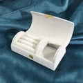 Detailed macro view of gray velvet jewelry box interior with ring slots and metal clasp - Portable Arch Jewelry Box / Light Gray