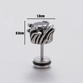 Macro view of gothic men's stainless steel stud earring with black zircon stone inlay - Wave Texture Style (S61)