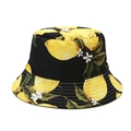 Black bucket hat featuring yellow lemon fruit pattern with green leaves for women - M / Black Lemon