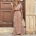 Detail of bohemian V-neck floral maxi dress with brown leather belt and white fabric - S / Red