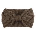 Detail of dark brown cable knit headband with a large bow design for ear protection - Khaki