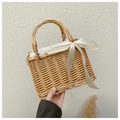 Handmade woven straw tote bag with white silk bow and pearl accents for beach travel - Square Bag + White Ribbon