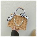 Handmade straw tote bag with pearl chain and polka dot ribbon handle for beach travel - Square Bag + Pearl Chain + Polka Dot Ribbon
