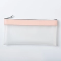Minimalist transparent pencil case with pink leather trim and metal zipper closure - Sakura Pink