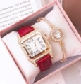 Elegantes Set mit quadratischer Golduhr, rotem Lederarmband und Stern-Kristallarmband - Rot Set 2