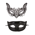 Detail of laser-cut metal filigree mask and classic glitter eye mask for masquerade - Elf Style Black Metal Mask and Classic Black Beauty Mask