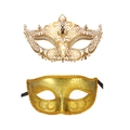Close-up of two ornate gold masquerade masks with filigree diamonds and glitter patterns - Large Pointed Gold And Small Beauty Gold